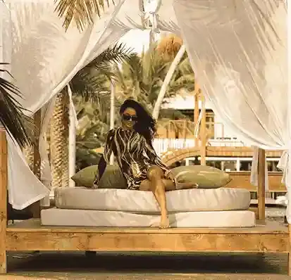 Sunbeds and cabanas at Marbela Beach Club, Morjim